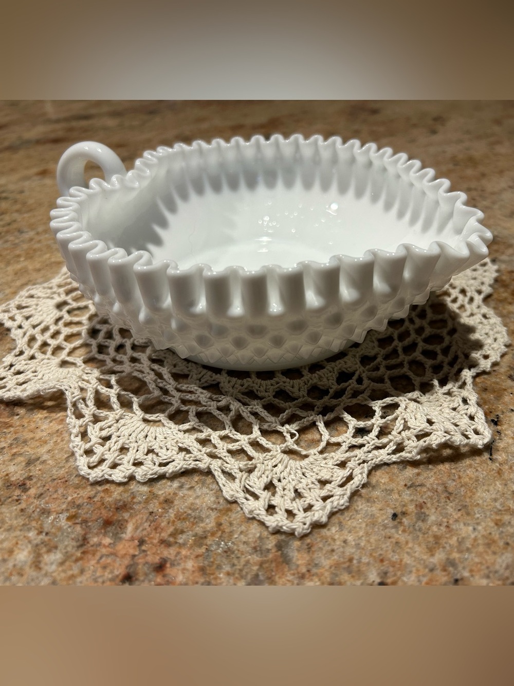 Fenton Milk Glass Hobnail Heart Shaped Ruffled Bowl w/loop handle 8”x6.25”